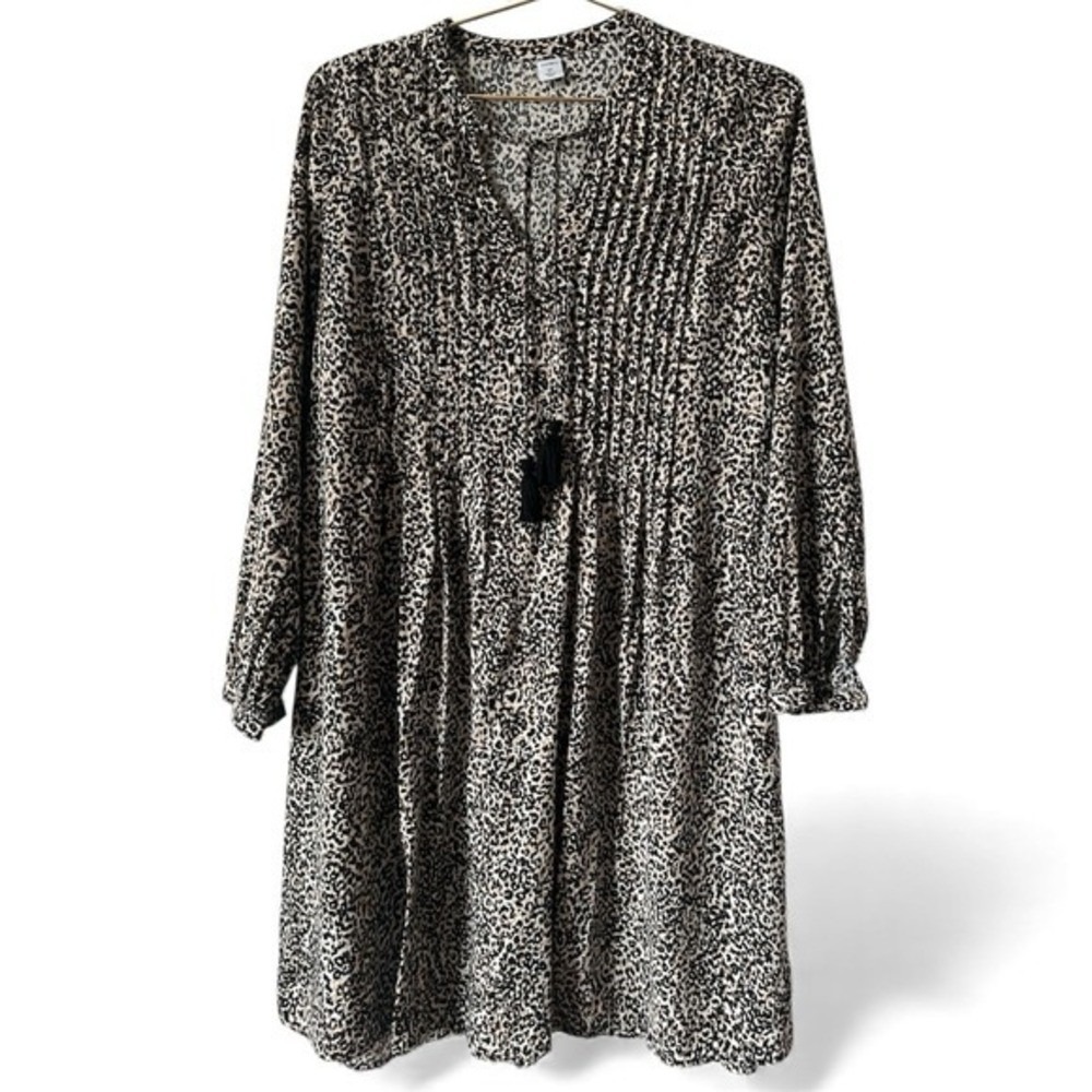Women's Black Cream Tassel Tie Cheetah Animal Print Pleated Swing Dress Boho XS